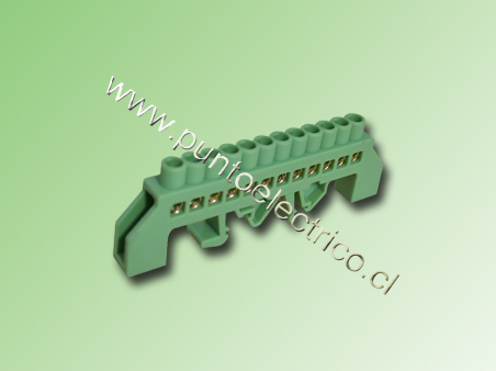 REGLETA AISLADA VERDE 12 PUNTOS CONEXION 5,2mm A RIEL DIN. PE200129